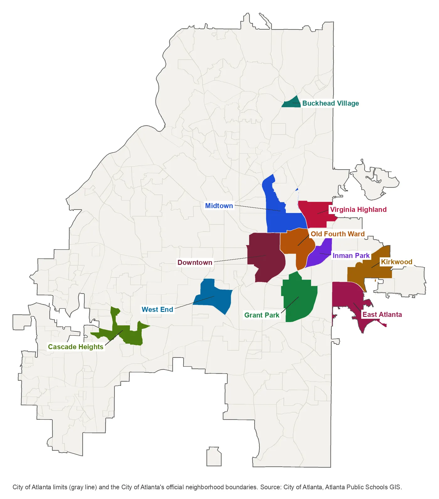 Map of the City of Atlanta with 11 neighborhoods colored: Buckhead Village in the north; Midtown, Virginia Highland, Old Fourth Ward, Inman Park and Downtown in the center; Kirkwood and East Atlanta in the east; Grant Park south of Downtown; West End and Cascade Heights in the southwest