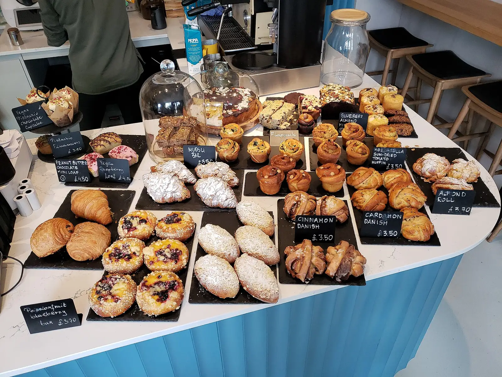 Breads and pastries on a bakery counter. The photo was not taken in Atlanta.