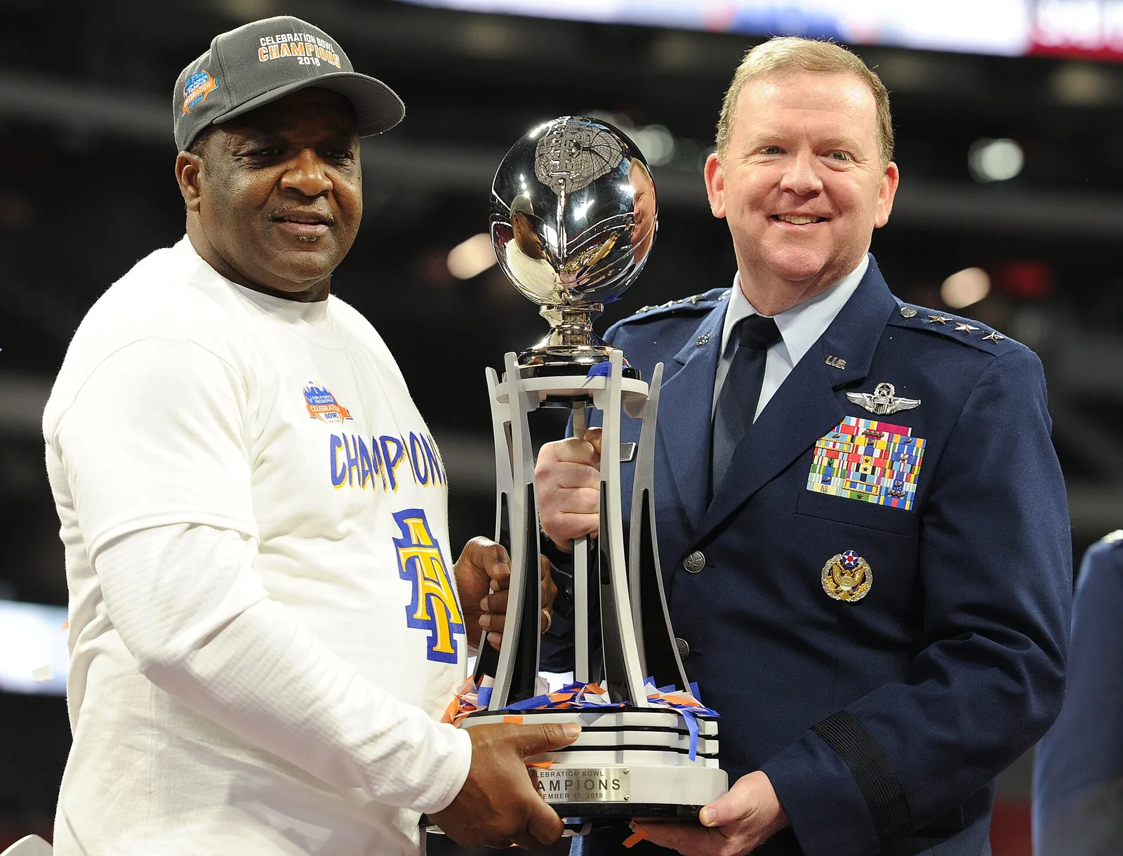 The Celebration Bowl trophy presented on the field at Mercedes-Benz Stadium in Atlanta