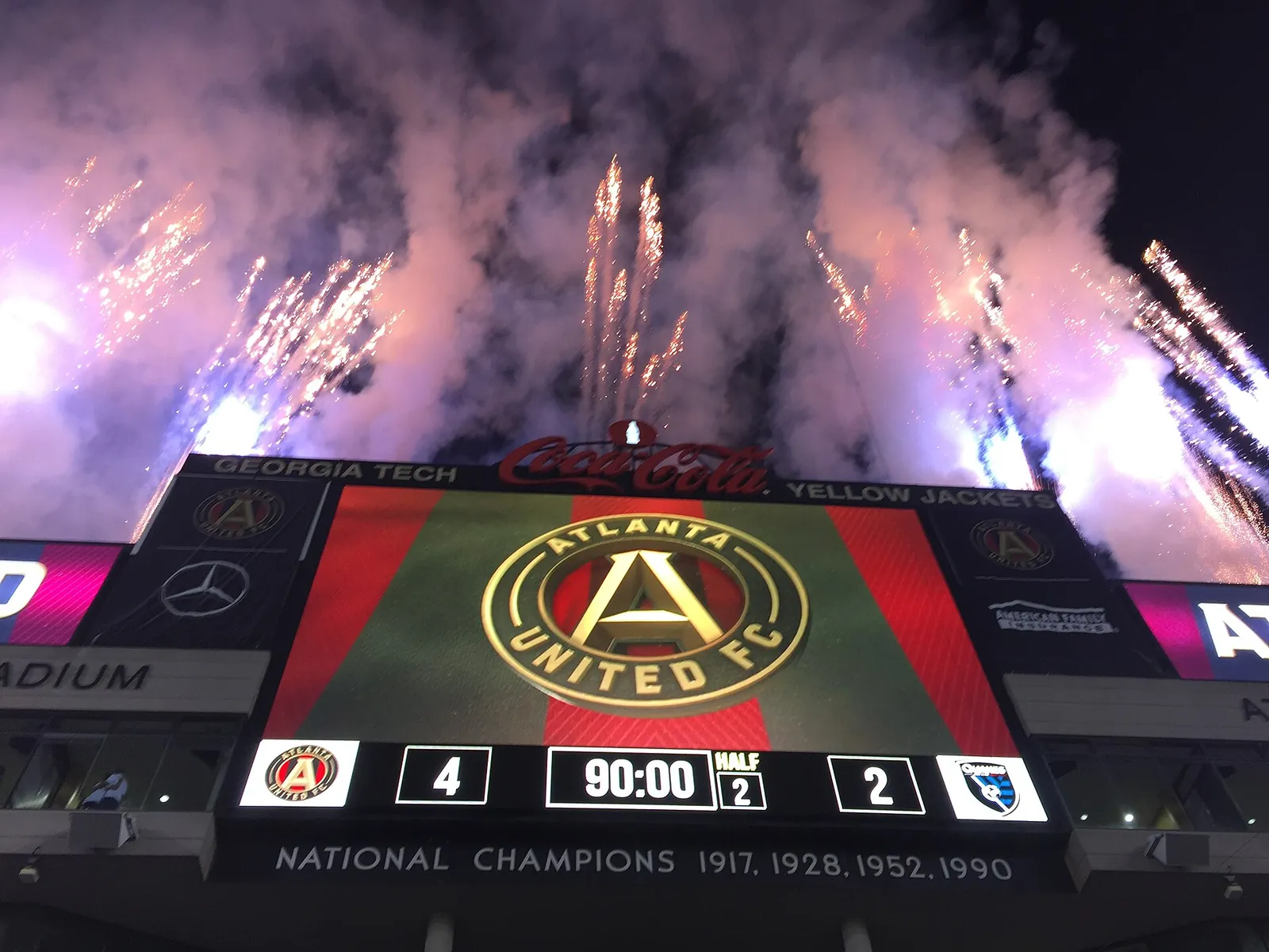 Fireworks over the Georgia Tech stadium scoreboard after an Atlanta United match on the Fourth of July