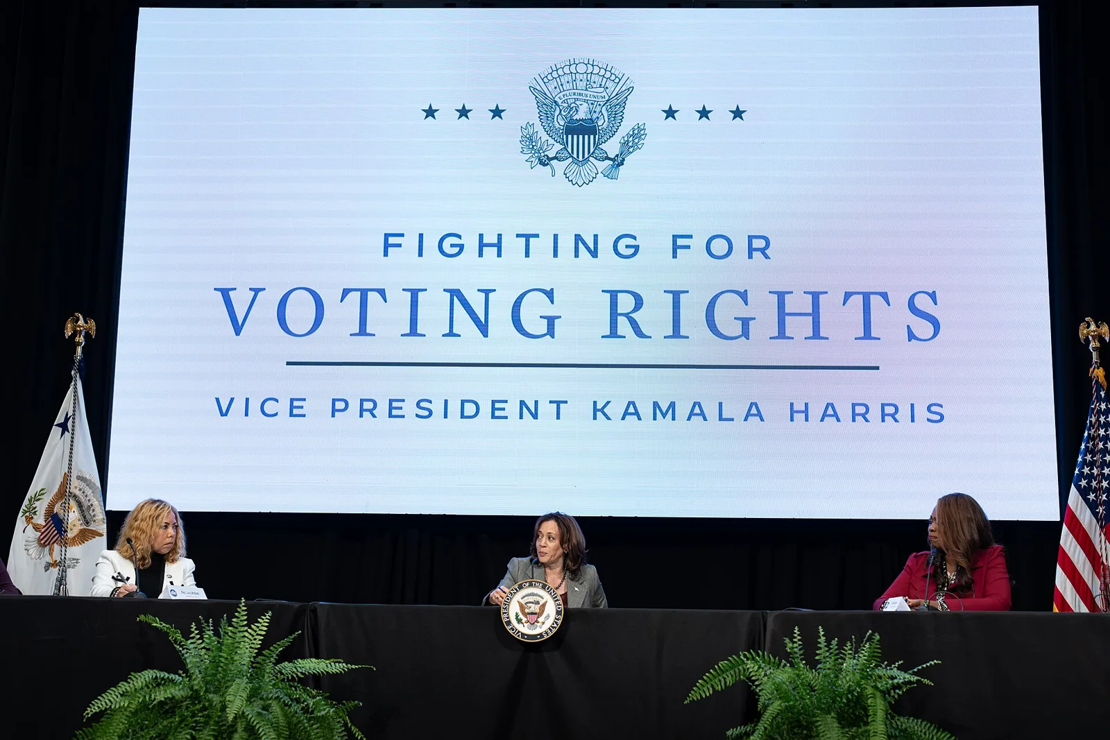 Kamala Harris, then vice president, at a voting rights meeting at The Gathering Spot in Atlanta.