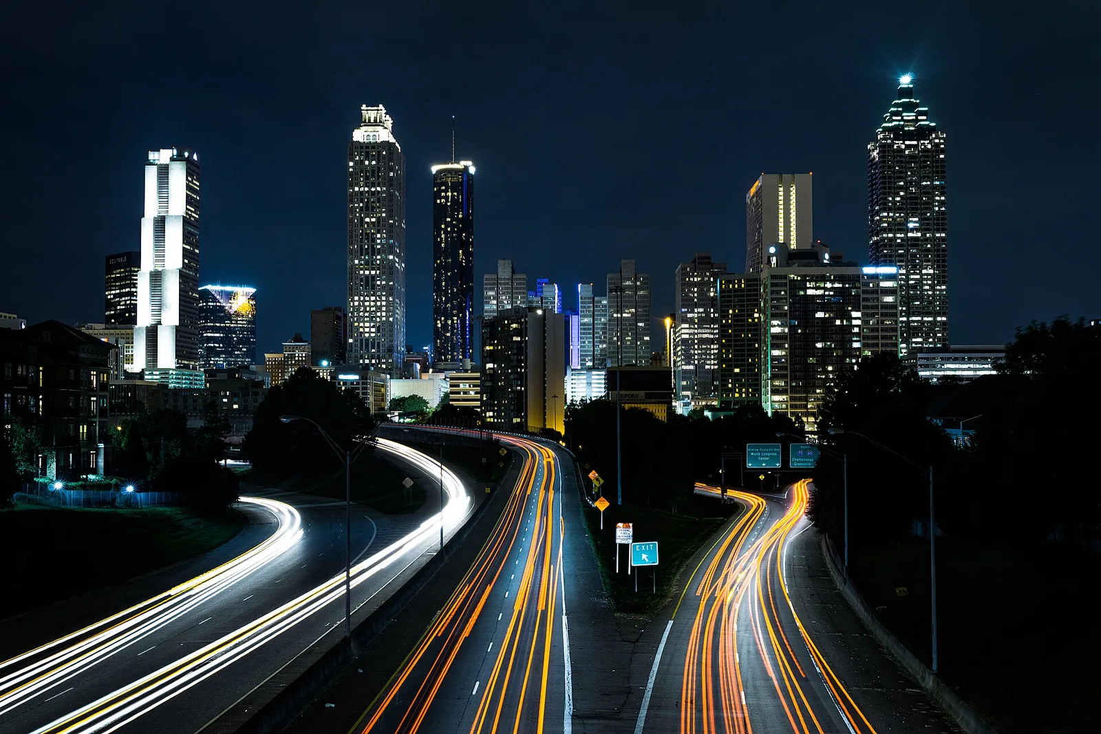 The downtown Atlanta skyline at night from the Jackson Street Bridge.