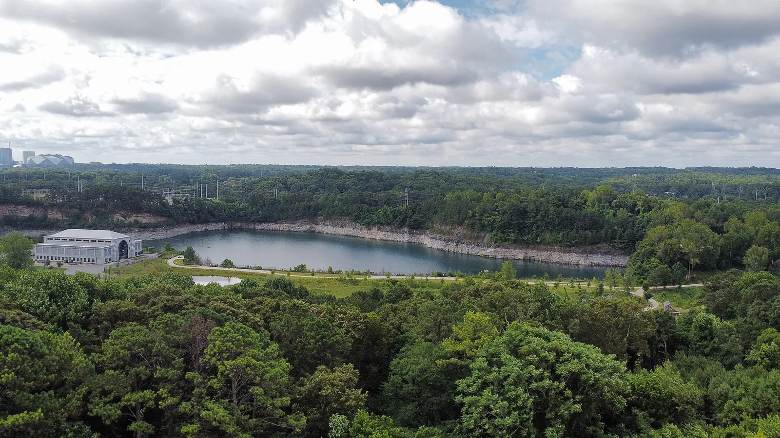 The Bellwood Quarry reservoir and the trees of Westside Park in Atlanta