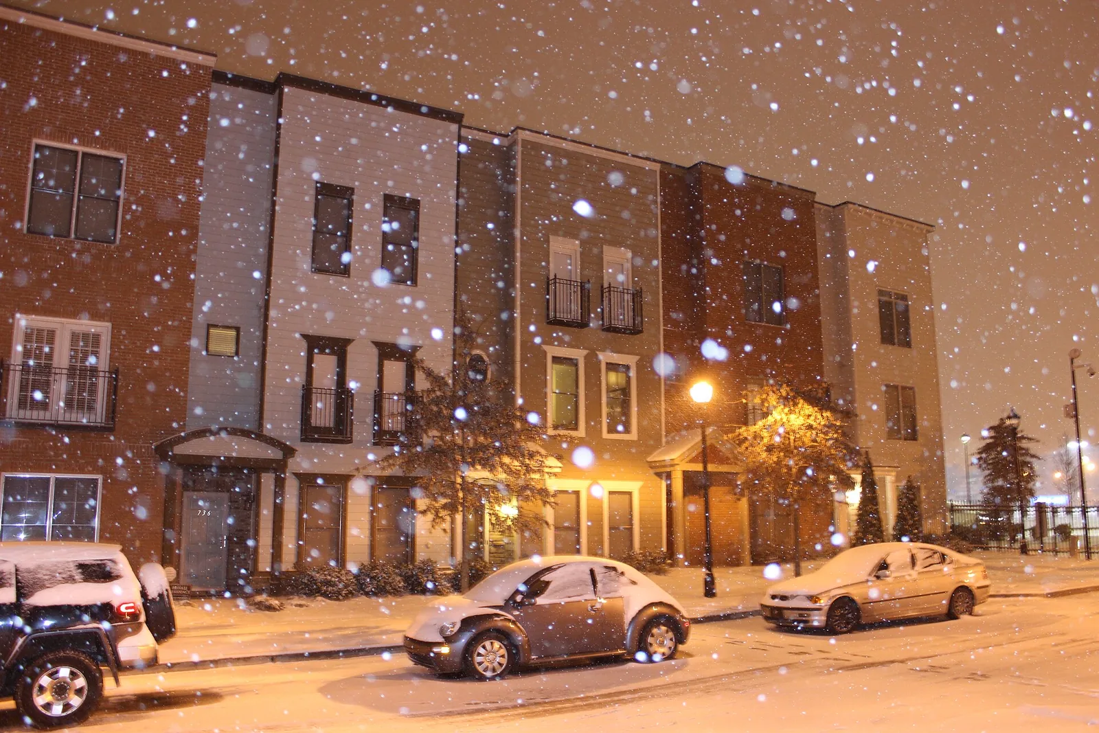 Town homes in the Vine City neighborhood of Atlanta on a snowy night