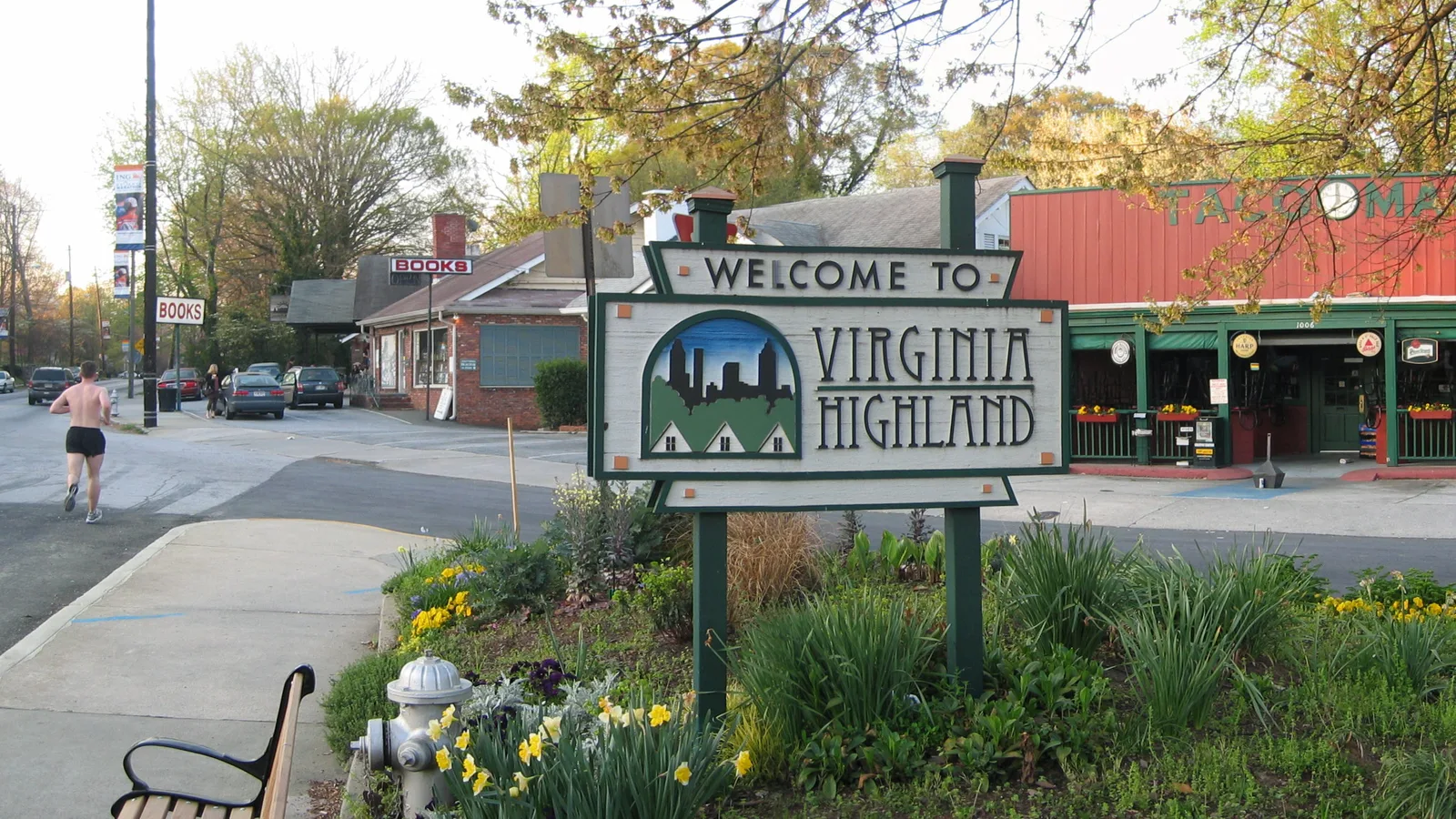 The Welcome to Virginia Highland sign at Virginia and North Highland avenues in Atlanta, a block from So. Fox. The picture does not show the restaurant.
